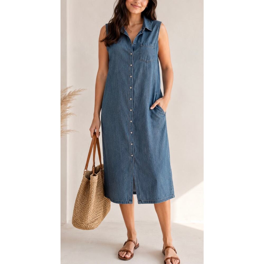Vintage Casual Corner Annex Denim Shirt Dress Sleeveless Button Front Midi 16W